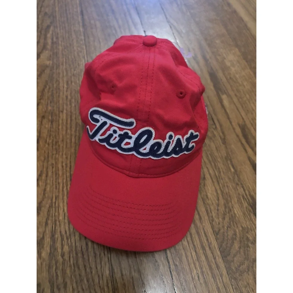 Titleist Golf Hat Mens Red Embroidered Script Logo 1935 Leather Strapback Cap